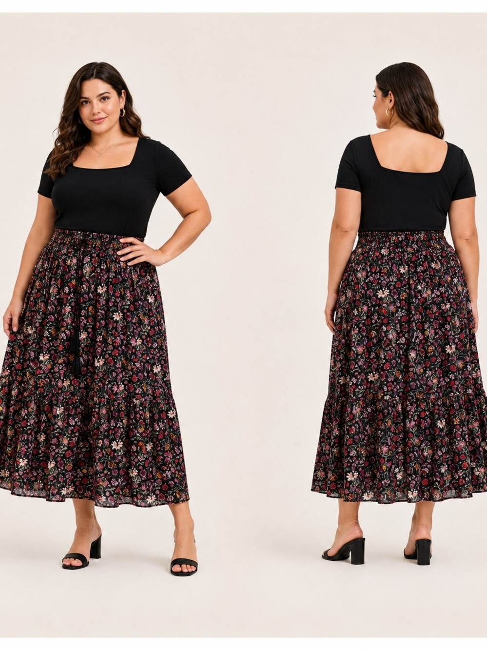 Torrid Size 1 Black Floral Tiered Maxi Skirt Smocked Waist